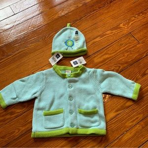 Baby Gap 2 piece cardigan and knit hat set soft blue / lime green- 3-6 mos